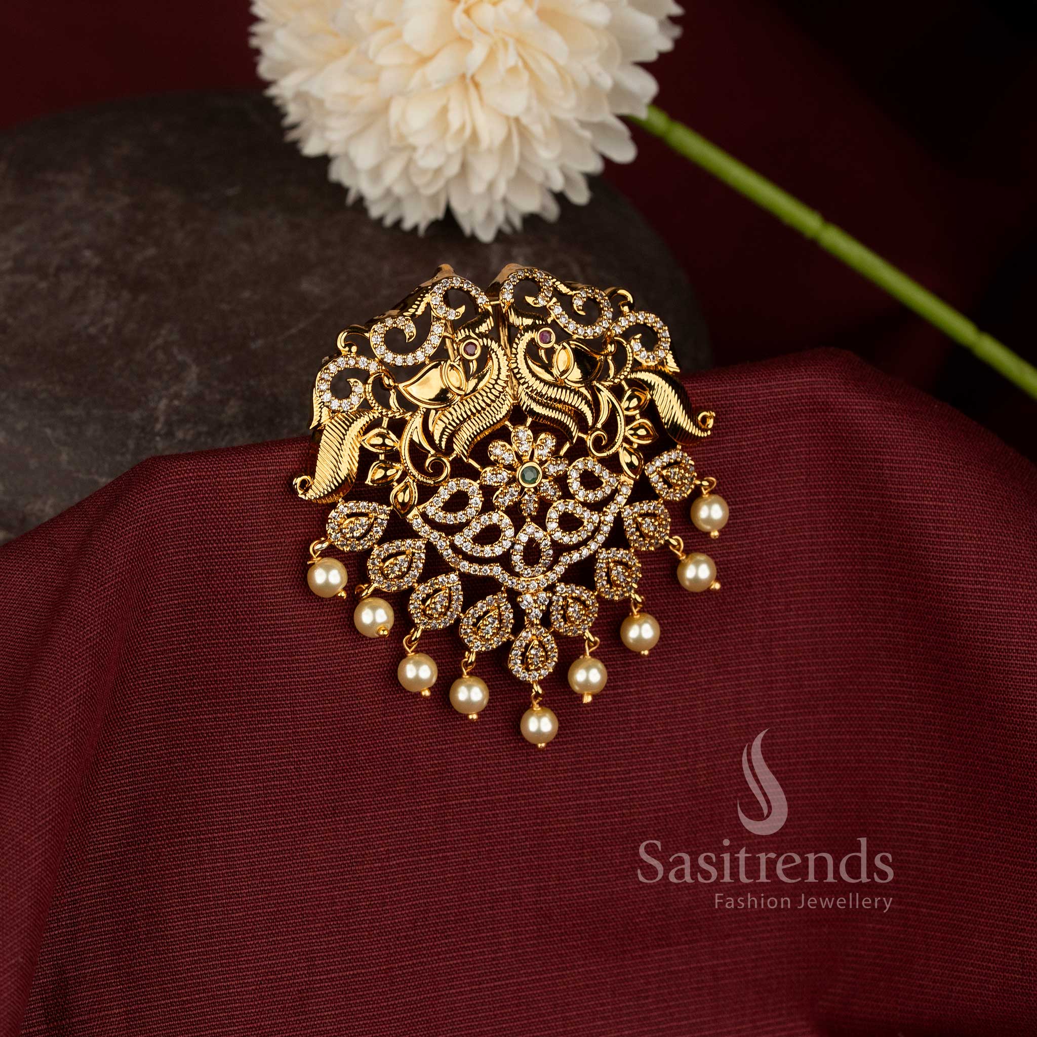 Premium Temple Matte Gold Peacock AD Stone Jadai Billai For Wedding Wear- Sasitrends