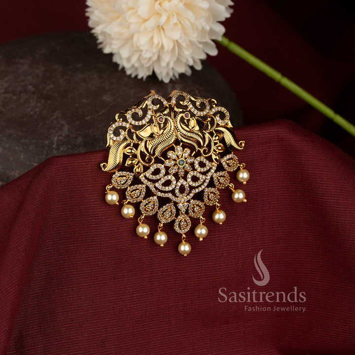 Premium Temple Matte Gold Peacock AD Stone Jadai Billai For Wedding Wear- Sasitrends