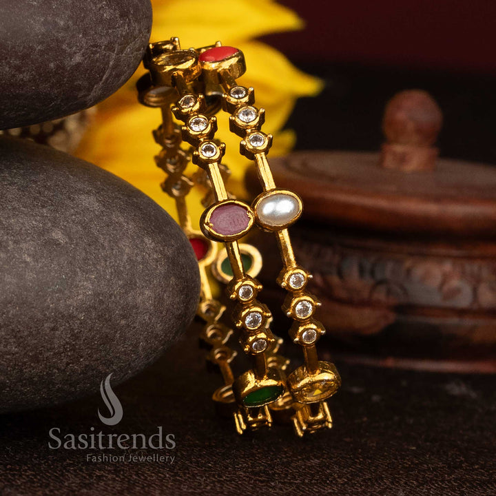 Temple Elegance with Oval and Round Stone Matte Gold Plated Navaratna AD Bangles | Luxury Traditional Jewellery