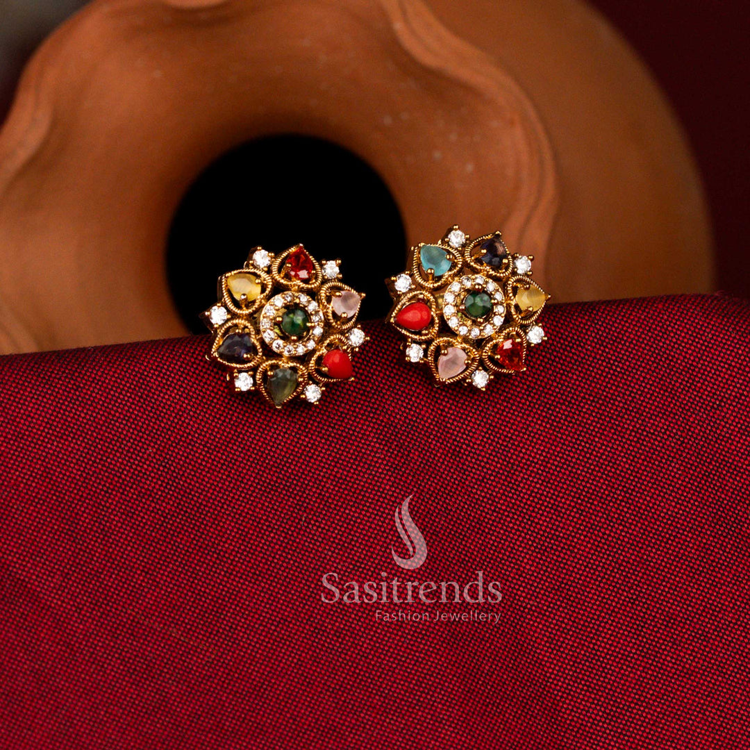 Sasitrends traditional matte gold floral design earrings with heart and pear stones