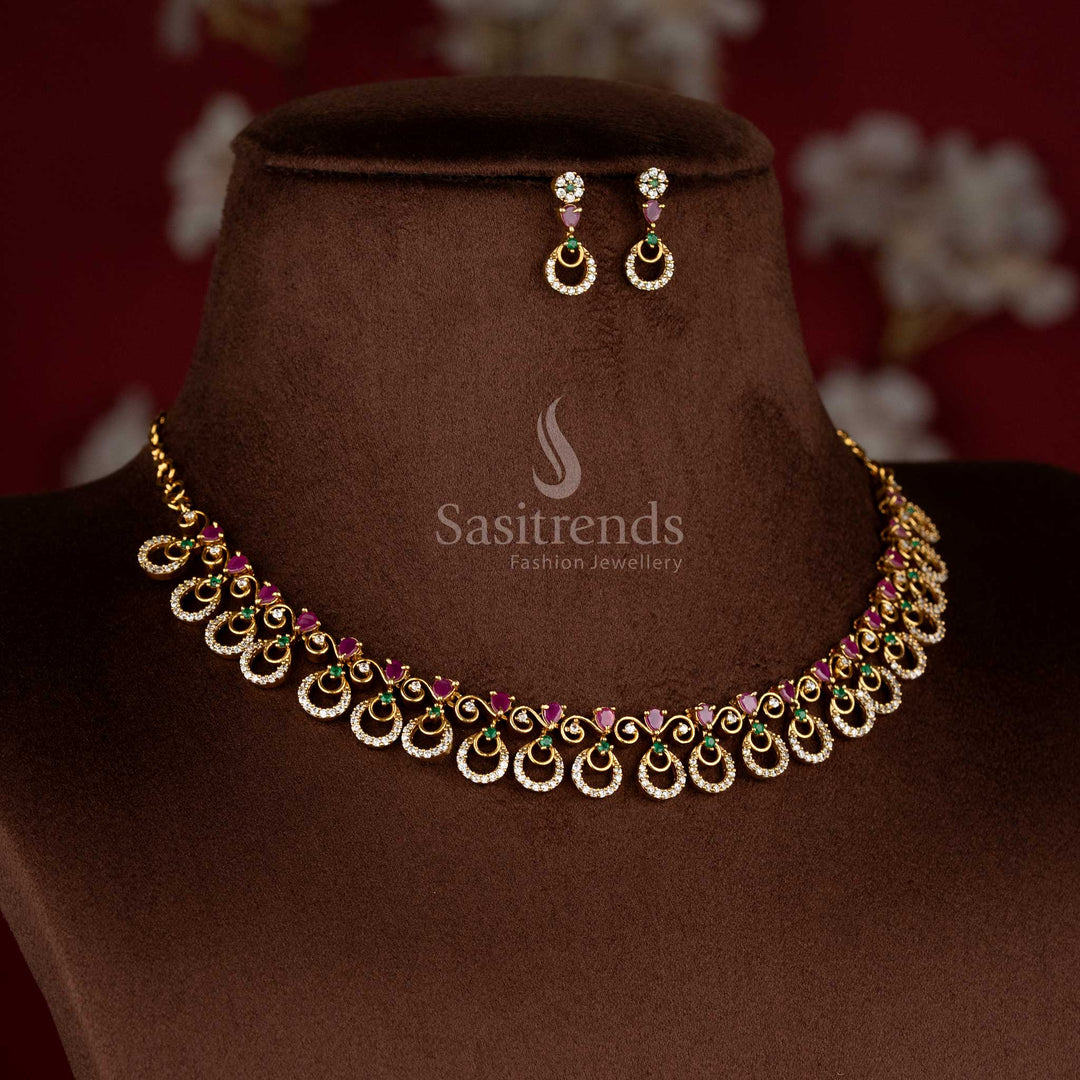 Sasitrends matte gold plated multi Ad stone necklace jewellery set showcases a refined crescent moon motif design