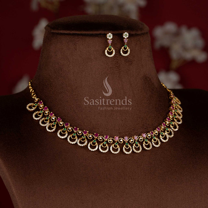 Sasitrends American Diamond Matte Gold Plated Crescent Moon Motif Designer Necklace Jewellery Set for Bridal, Festive & Saree Styling