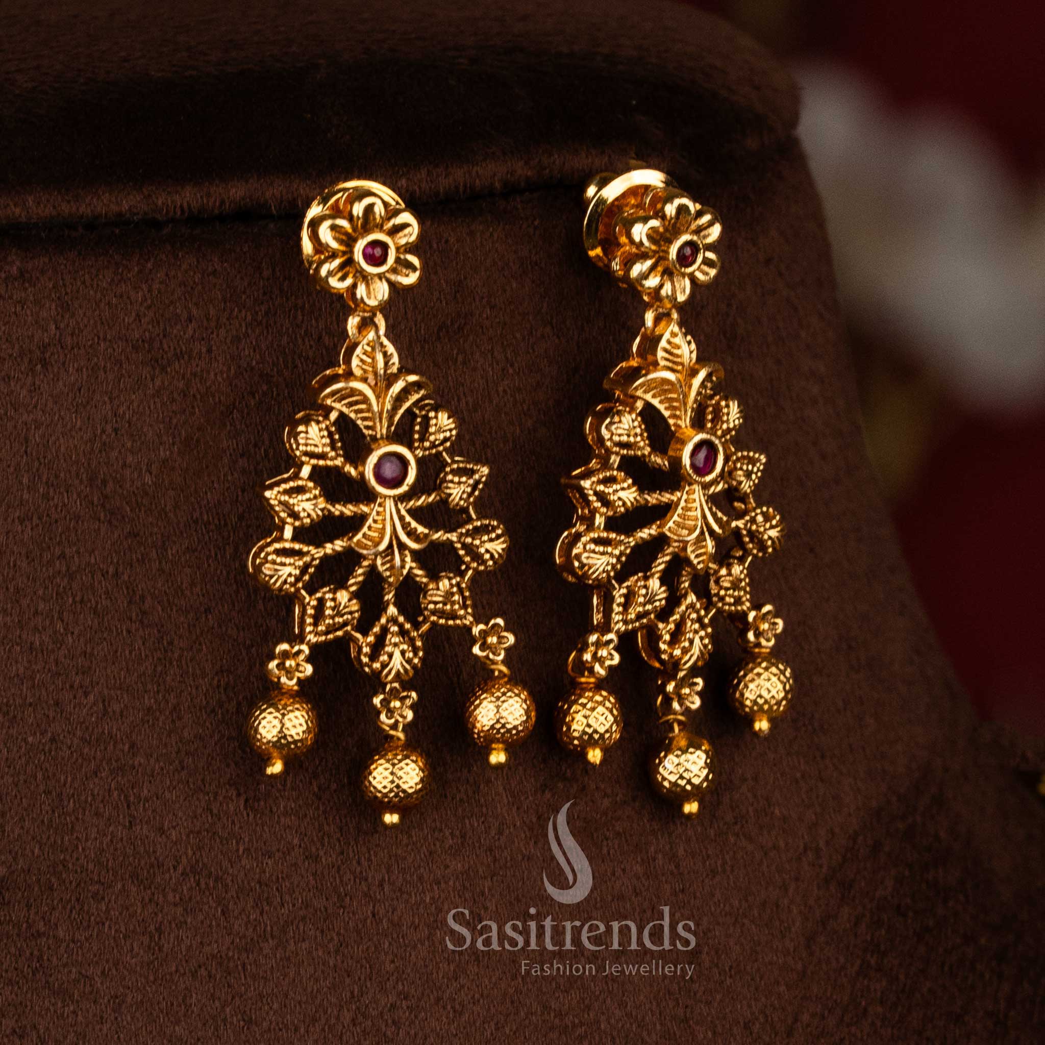 Premium temple jewellery matte gold ruby AD stone leaf pattern necklace set with layered hanging beads, elegant traditional design for weddings and festive occasions - Sasitrends