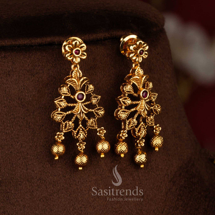 Premium temple jewellery matte gold ruby AD stone leaf pattern necklace set with layered hanging beads, elegant traditional design for weddings and festive occasions - Sasitrends
