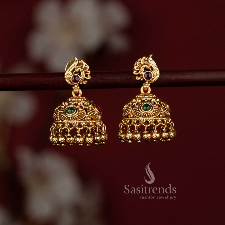 Premium Matte Gold Plated Temple Peacock Jhumka Earrings with Golden Beads for Temple Visits & Traditional Saree Wear