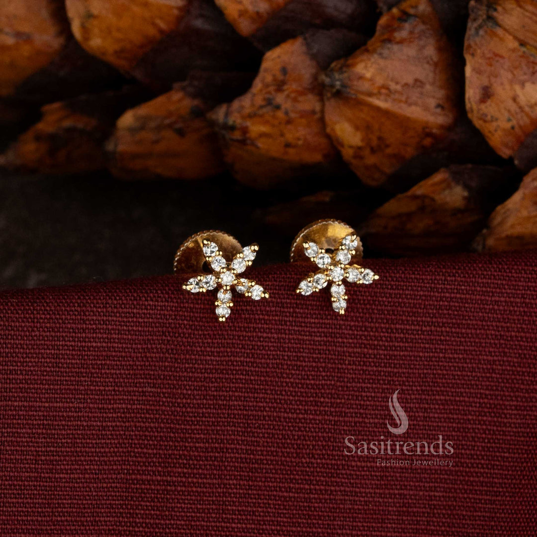 Sasitrends Micro Gold Plated American Diamond floral starburst stud earrings with marquise shaped stone petals and intricate centre flower detailing