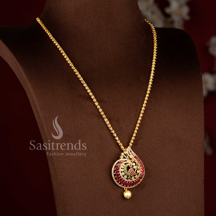 Traditional Peacock Swirl AD Stone Micro Gold Pendant Necklace with Pearl Drop - Sasitrends