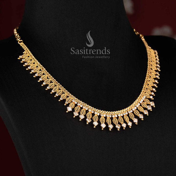 Sasitrends premium micro gold plated designer necklace featuring leaf lattice structure with white AD stones and rich hanging drop elements for elegant cultural wear