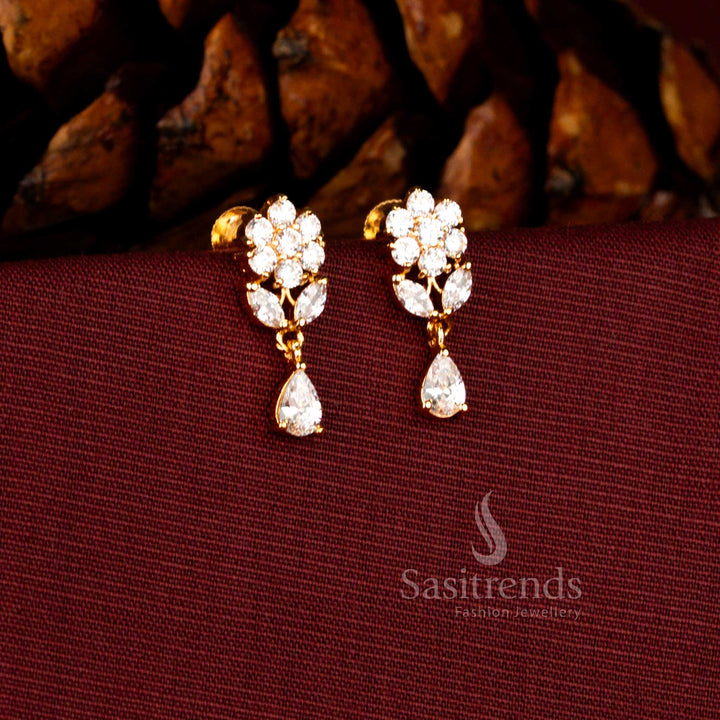 Sasitrends premium micro gold plated dangler earrings crafted with clustered pearls and a radiant teardrop white AD stone stud, designed in 1 gram jewellery quality that looks like real gold for bridal occasions.