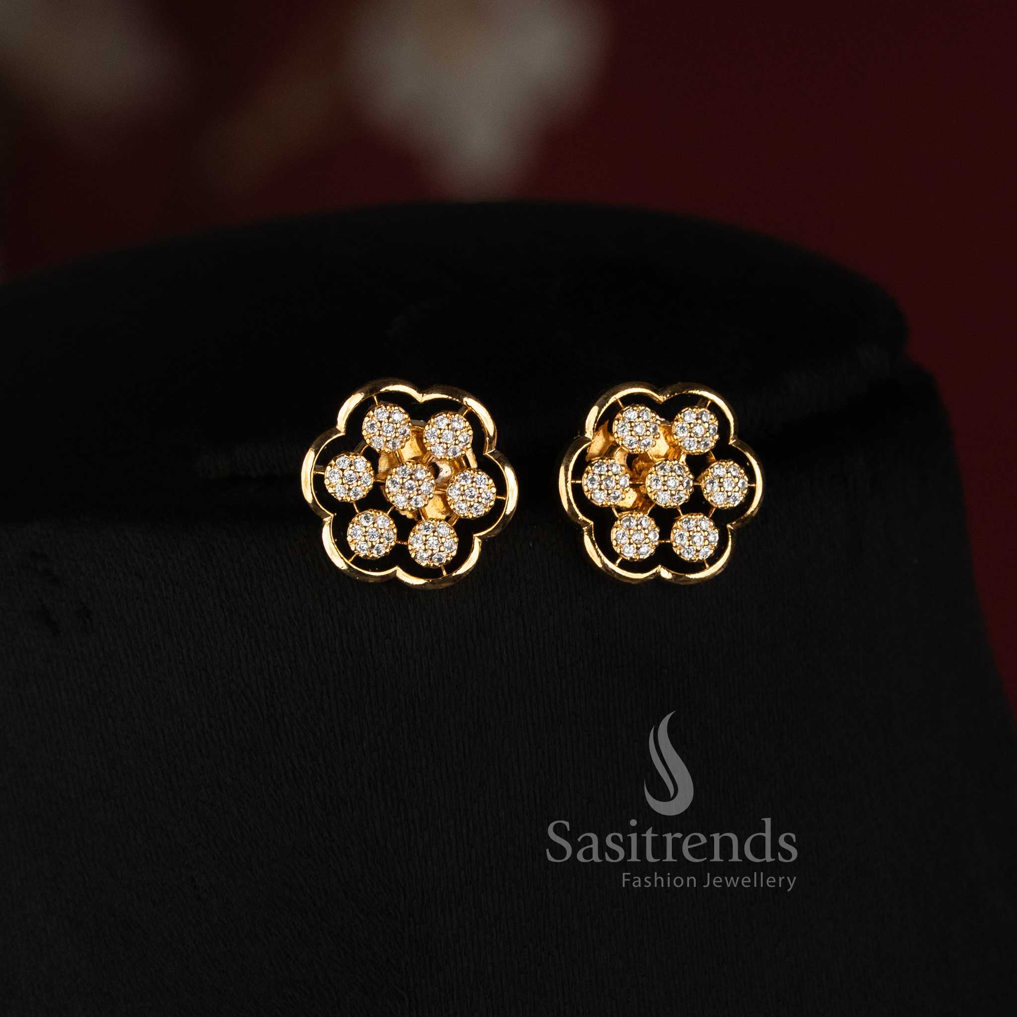 Sasitrends premium Micro Gold Plated round pendant with clustered AD stone floral detailing and coordinated earrings for family functions