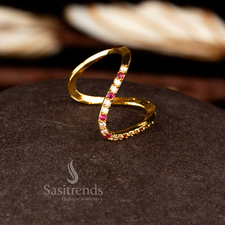 Sasitrends premium micro gold plated white ruby AD statement ring crafted in a striking U-shaped curved arc design with carefully set stones and rich gold tone polish for grand occasions.