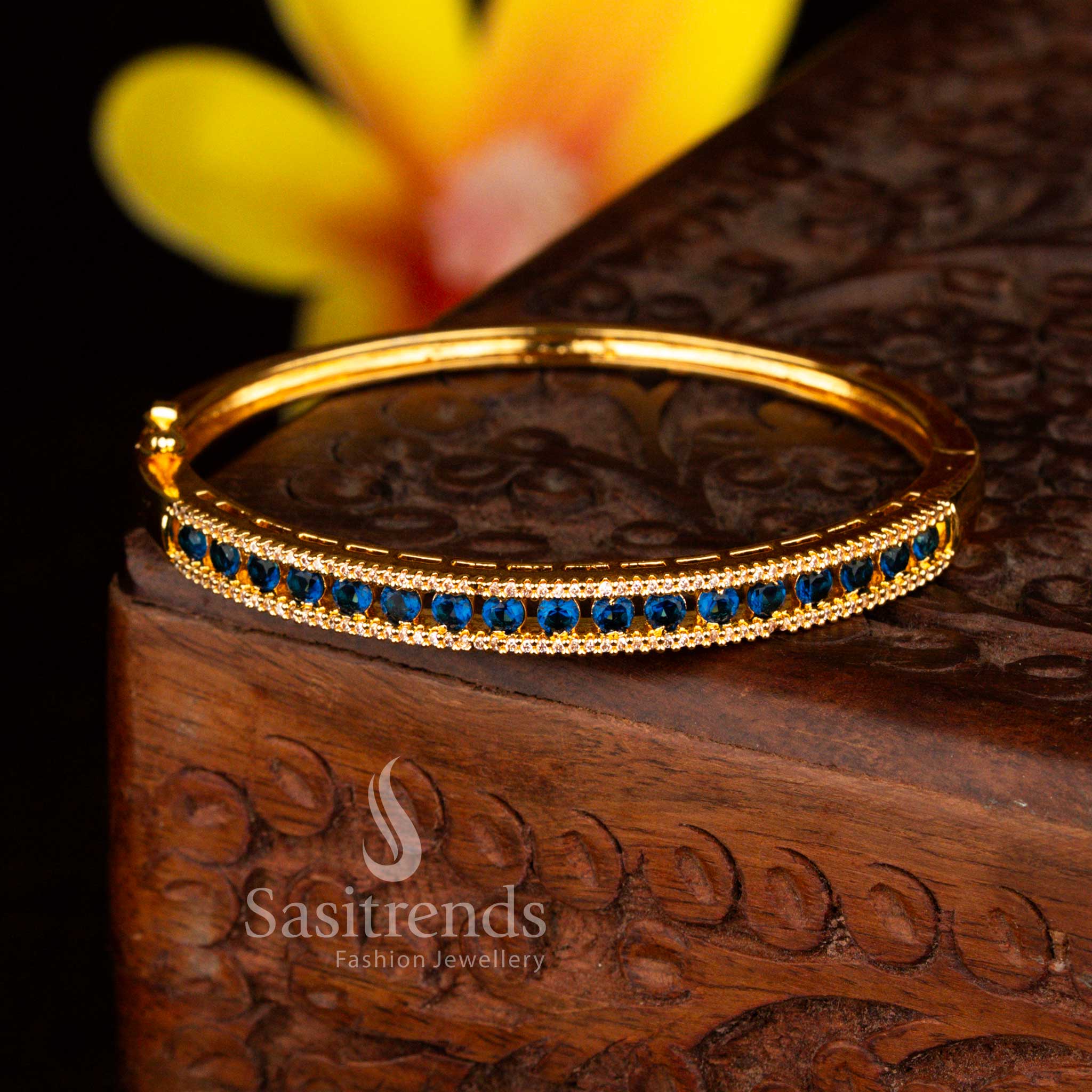 Sasitrends premium openable micro gold plated two rows of petite white blue American diamond kada bracelet featuring elegant craftsmanship and long lasting gold finish.