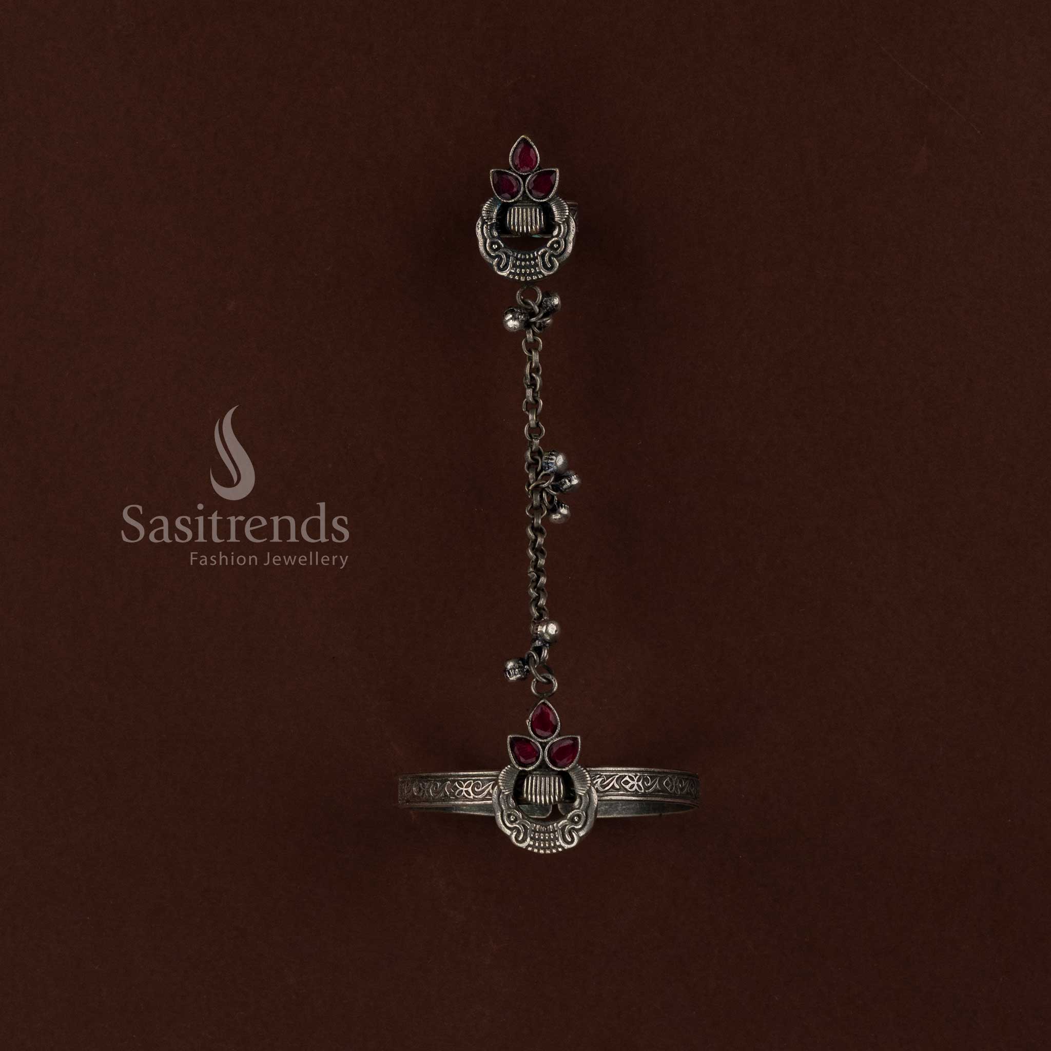 Sasitrends premium red oxidised jewellery finger ring and kada bracelet set designed for Navarathri celebrations and traditional festive wear