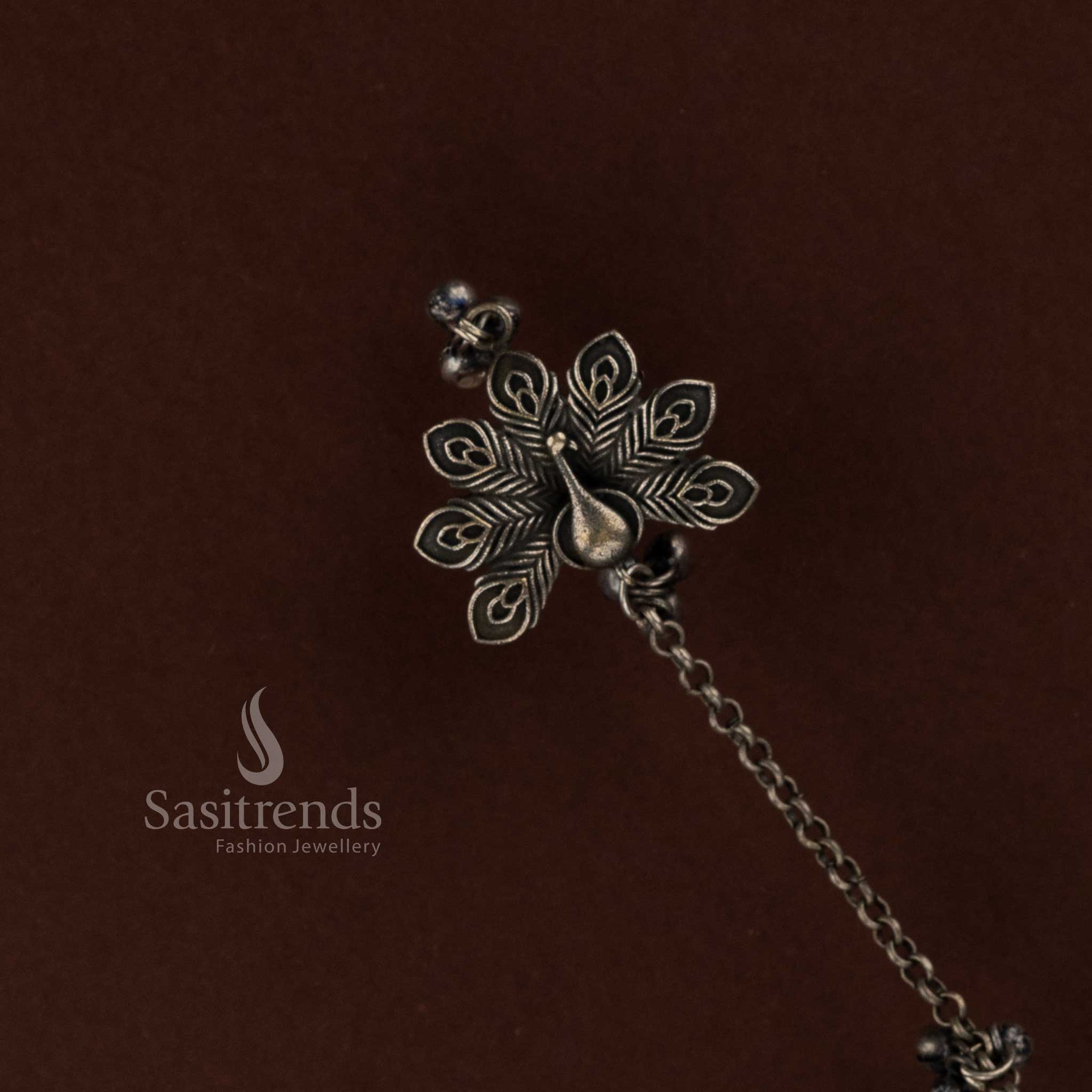 Sasitrends premium peacock oxidised silver look finger ring and kada bracelet jewellery crafted for Navarathri celebrations, traditional outfits and cultural events