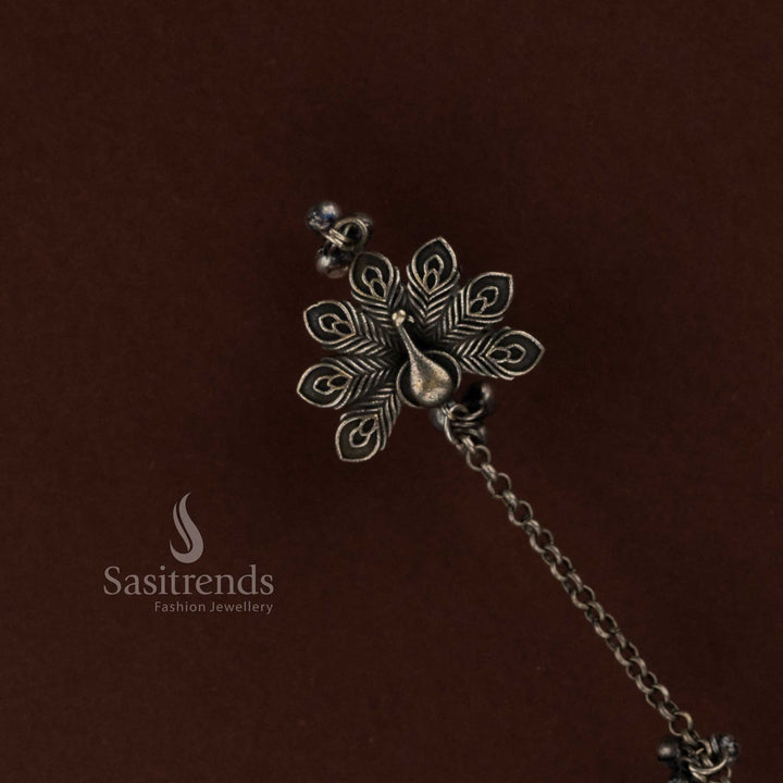 Sasitrends premium peacock oxidised silver look finger ring and kada bracelet jewellery crafted for Navarathri celebrations, traditional outfits and cultural events