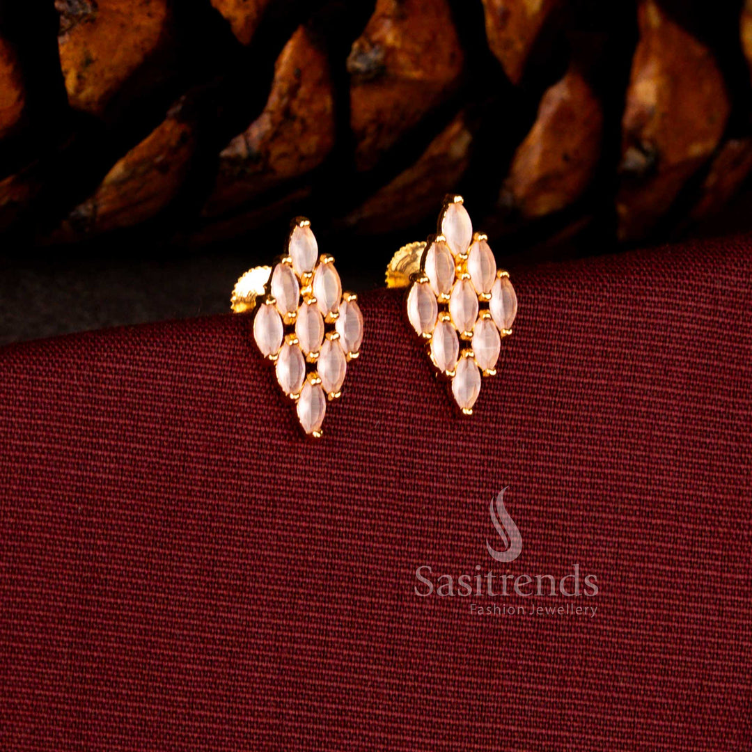 Sasitrends premium pale pink micro gold plated rhombus statement earrings adorned with brilliant AD stones and enhanced with a guaranteed 24 carat gold lustre for luxurious celebration wear.