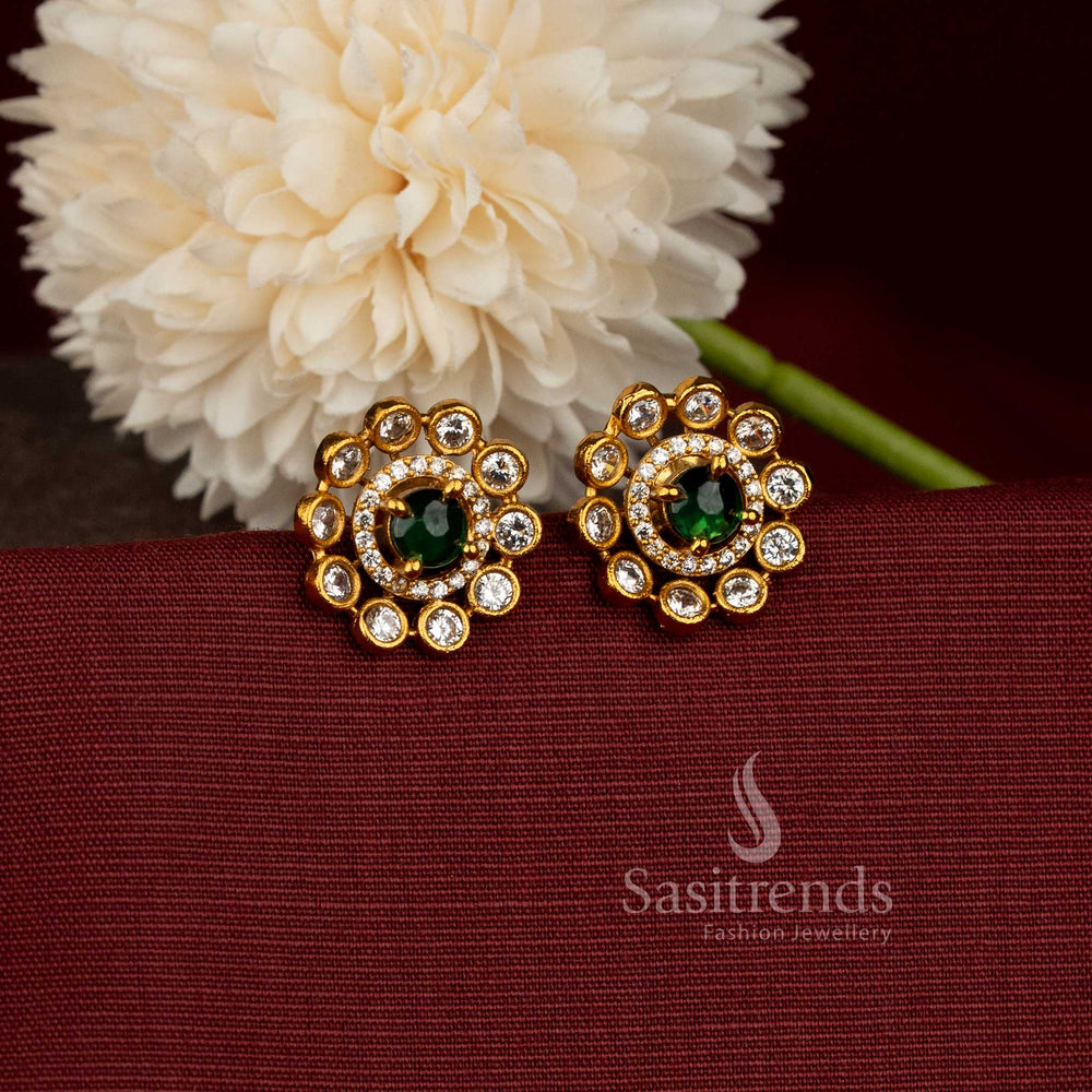 Dazzling Matte Gold Plated AD Stone Floral Stud Earrings | Elegant Festive & Occasion Wear - Sasitrends