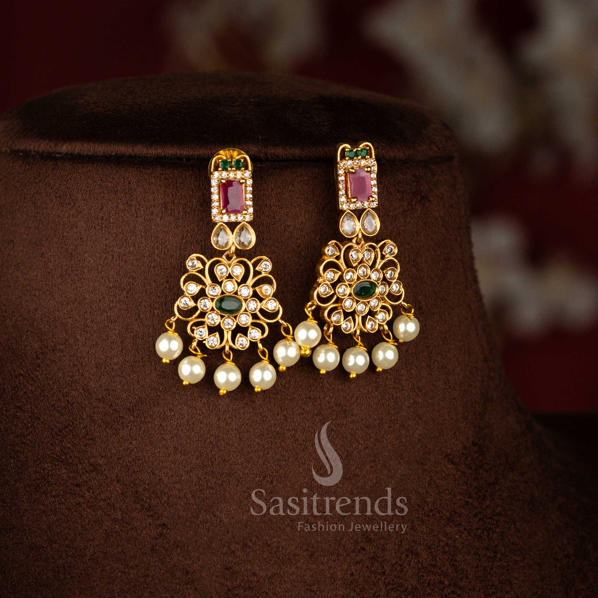 Sasitrends premium party wear temple matte gold plated floral American diamond necklace jewellery set crafted for elegant women who love traditional design with modern sparkle