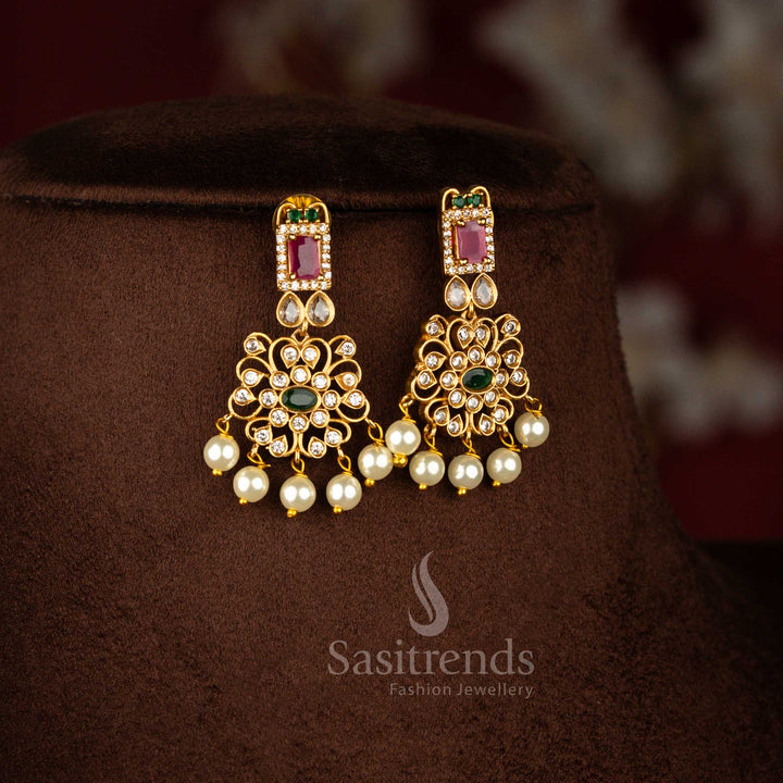 Sasitrends premium party wear temple matte gold plated floral American diamond necklace jewellery set crafted for elegant women who love traditional design with modern sparkle