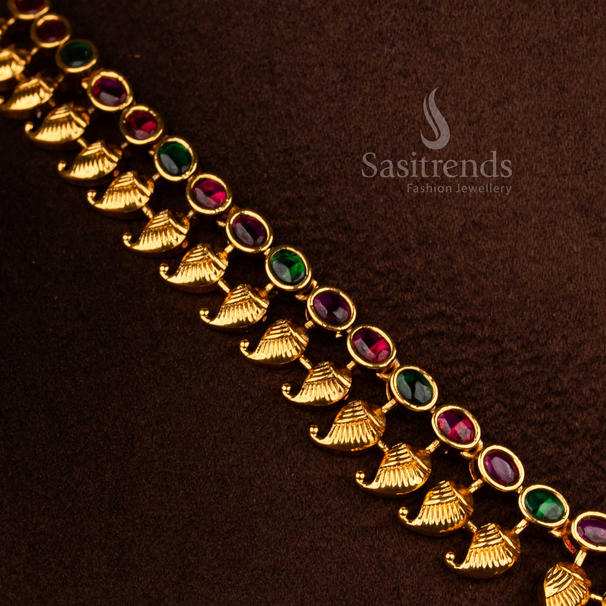 Sasitrends premium peacock design temple necklace jewellery set with ruby green AD stones and elegant detailing