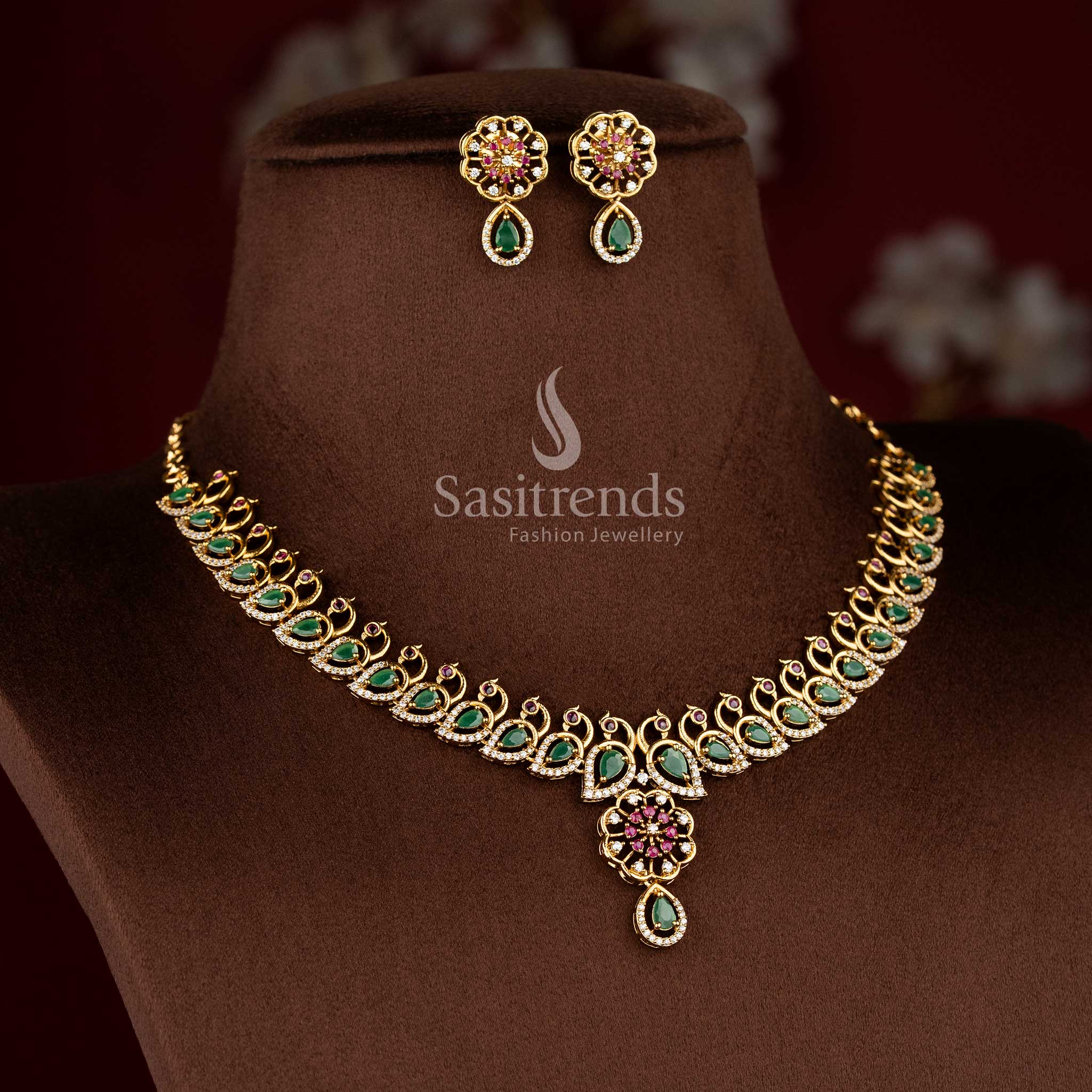 Sasitrends premium temple matte gold plated peacock necklace set with floral pendant and coordinated drop earrings  