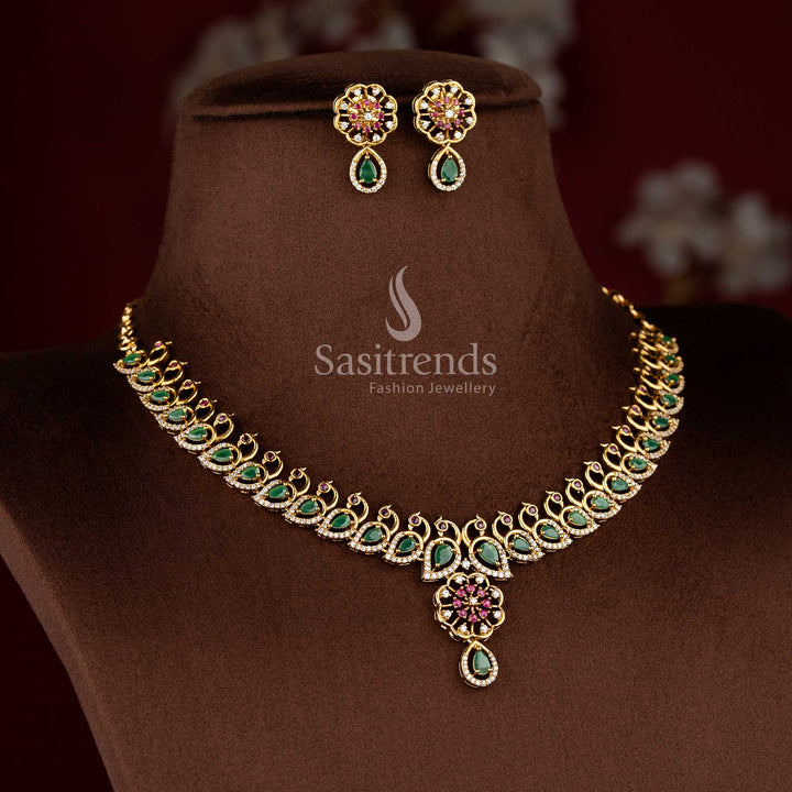 Sasitrends premium temple matte gold plated peacock necklace set with floral pendant and coordinated drop earrings  