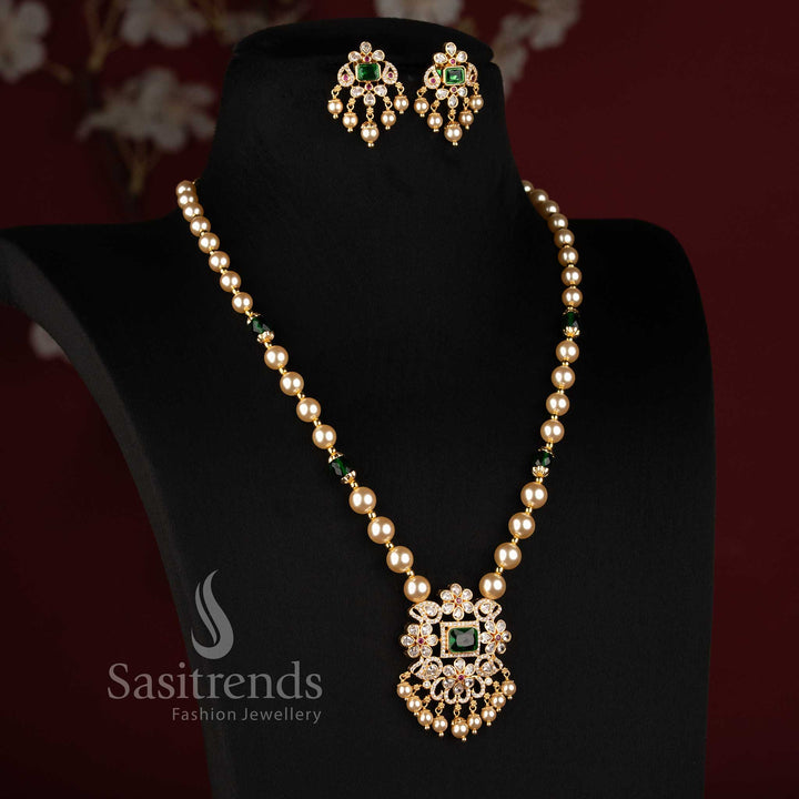 Premium American Diamond pearl necklace with structured square pendant green centre stone and layered pearl drops 