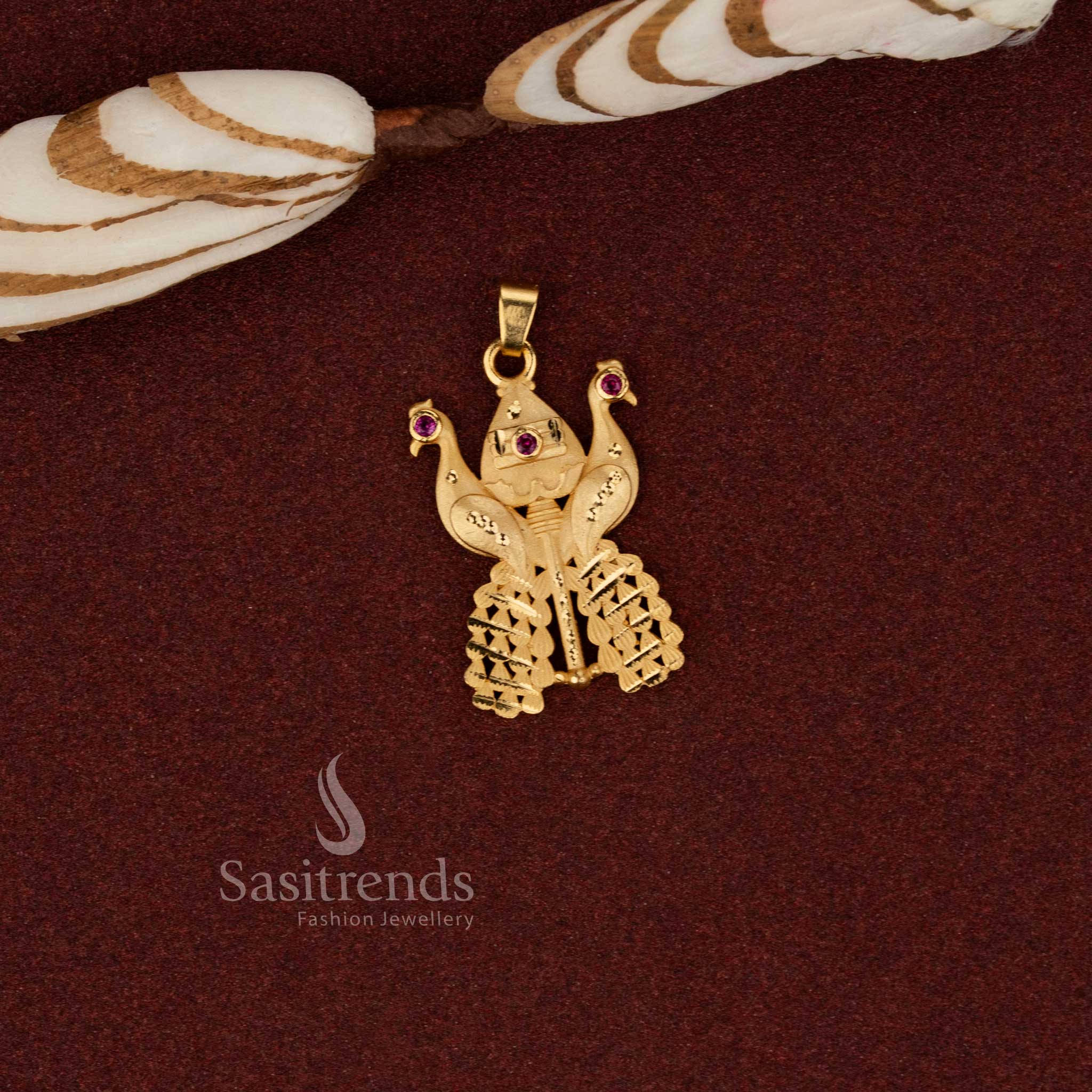 Sasitrends premium real gold look 24K micro gold plated ethnic dual peacock vel forming pendant crafted for elegant cultural styling and heritage jewellery lovers