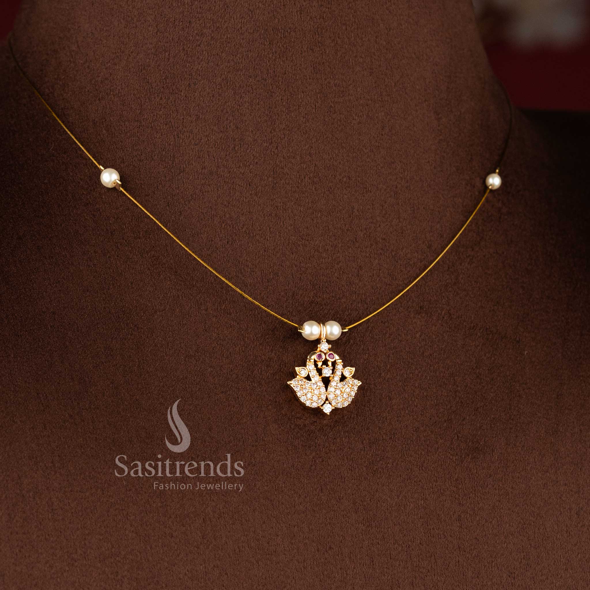 Sasitrends premium style invisible American diamond 24K micro gold plated pendant necklace with pearl bead chain crafted for stylish festive jewellery collections