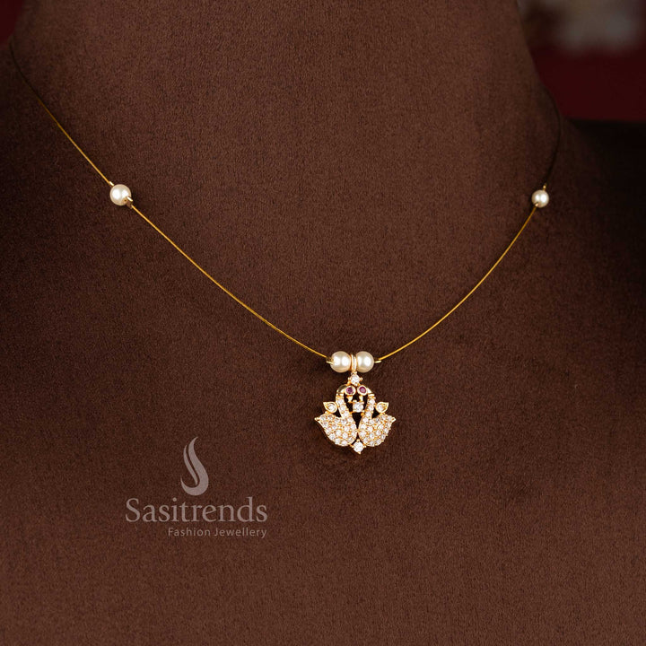 Sasitrends premium style invisible American diamond 24K micro gold plated pendant necklace with pearl bead chain crafted for stylish festive jewellery collections