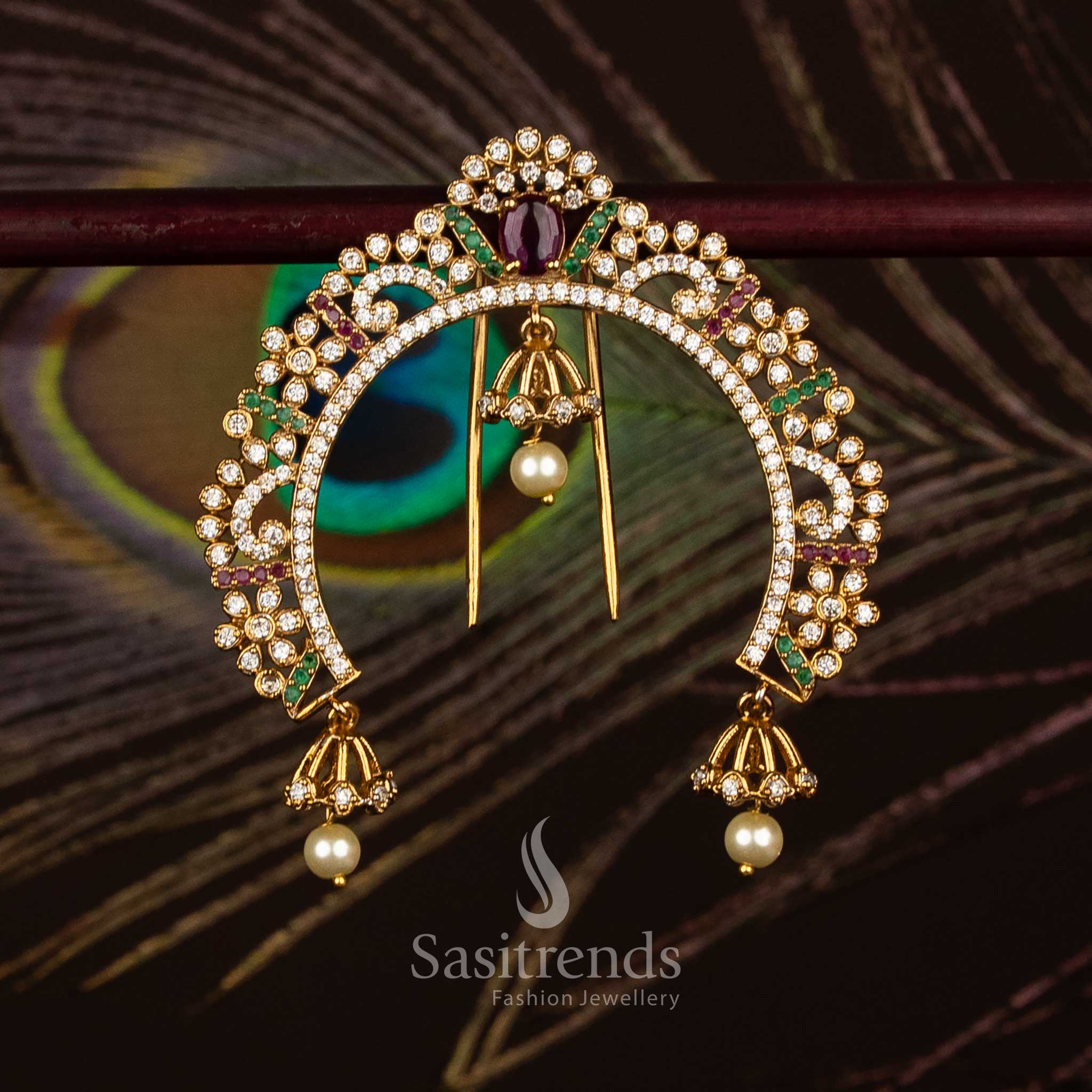 Sasitrends temple matte gold plated AD stone crescent arch jadai billai hair brooch with rich stone work and pearl drops