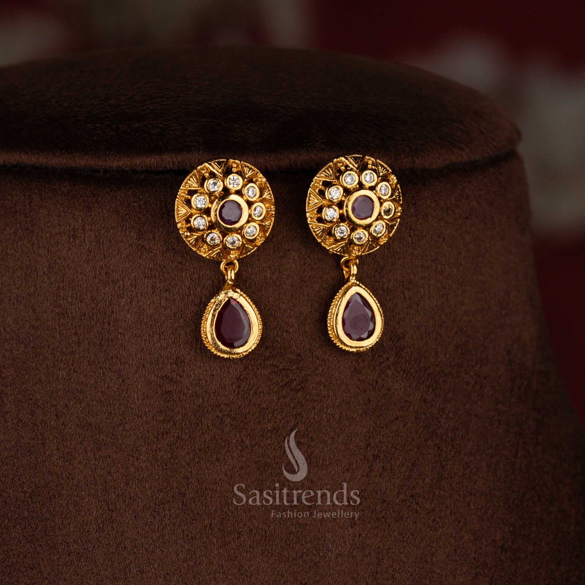 Traditional Premium Quality Floral Circle Matte Gold Plated Necklace Jewellery Set | Temple & Wedding Wear - Sasitrends