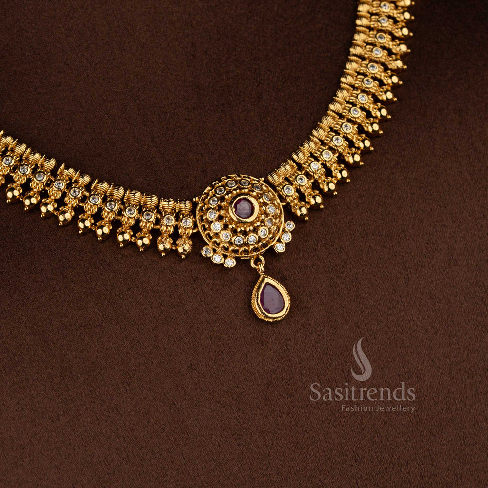 Sasitrends temple matte gold plated white ruby AD stone floral circle necklace set with rich stone work for bridal wear