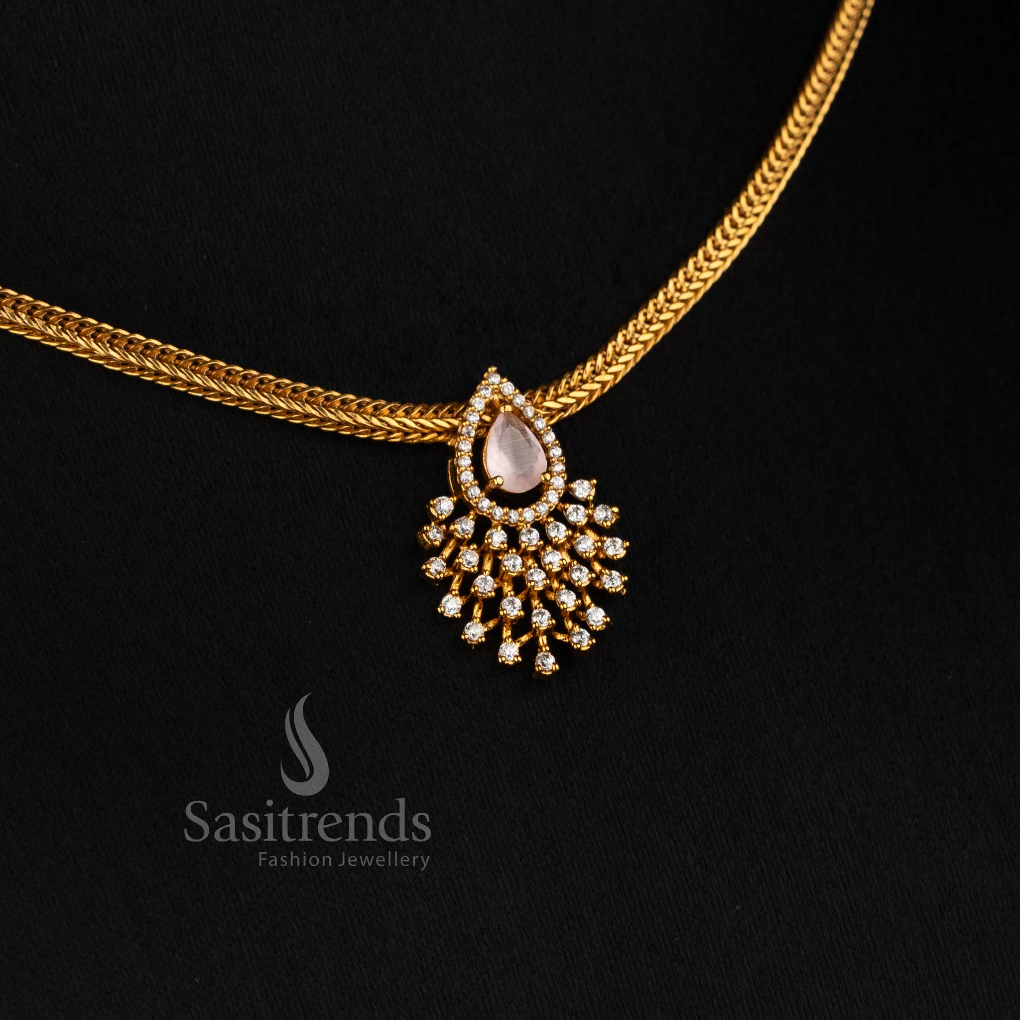 Sasitrends premium temple matte gold mesh choker with AD stone teardrop pendant and matching earrings