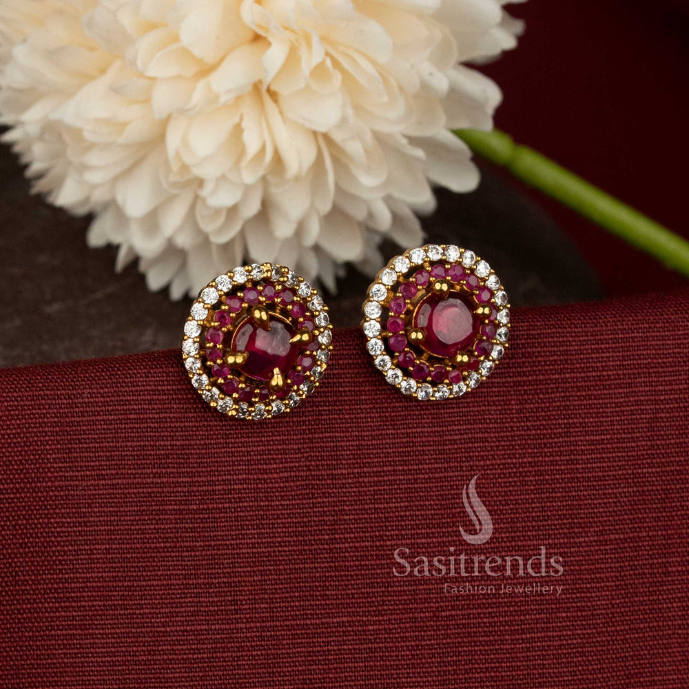 Premium Matte Gold Plated AD Stone Round Stud Earrings with Layered Circular Stone Arrangement | Rich Festive & Occasion Wear - Sasitrends
