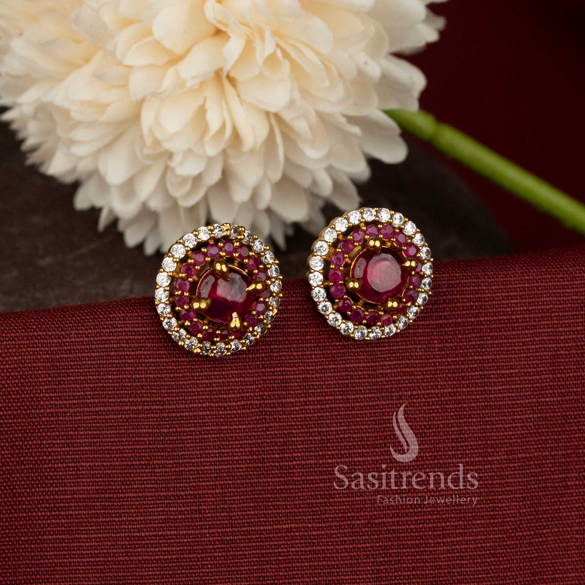 Premium Matte Gold Plated AD Stone Round Stud Earrings with Layered Circular Stone Arrangement | Rich Festive & Occasion Wear - Sasitrends