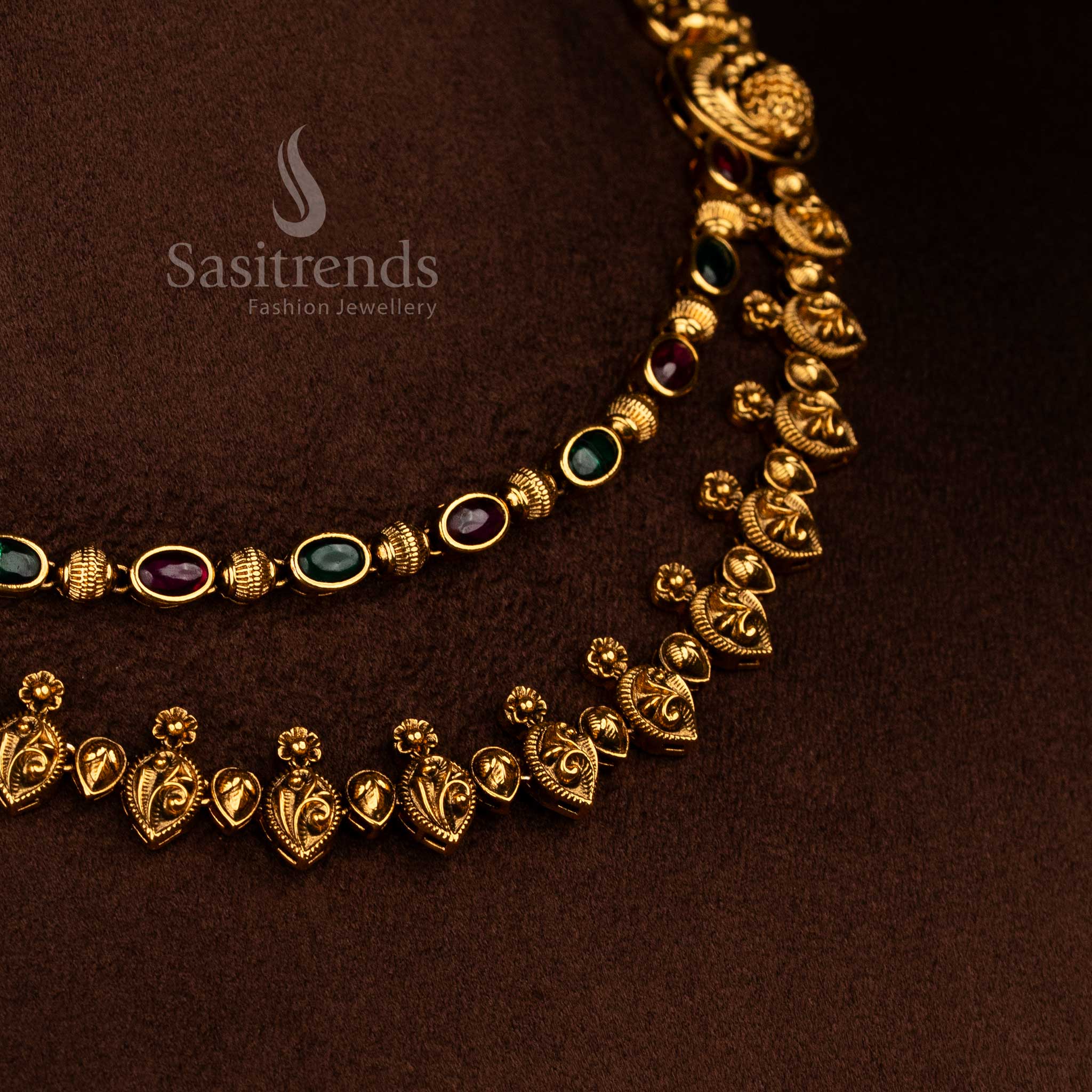 Beautifully Crafted Temple Matte Gold Plated Double Layer Peacock Paisley Motif Ruby Green AD Stone Necklace Jewellery Set | Premium Rich Look Quality - Sasitrends