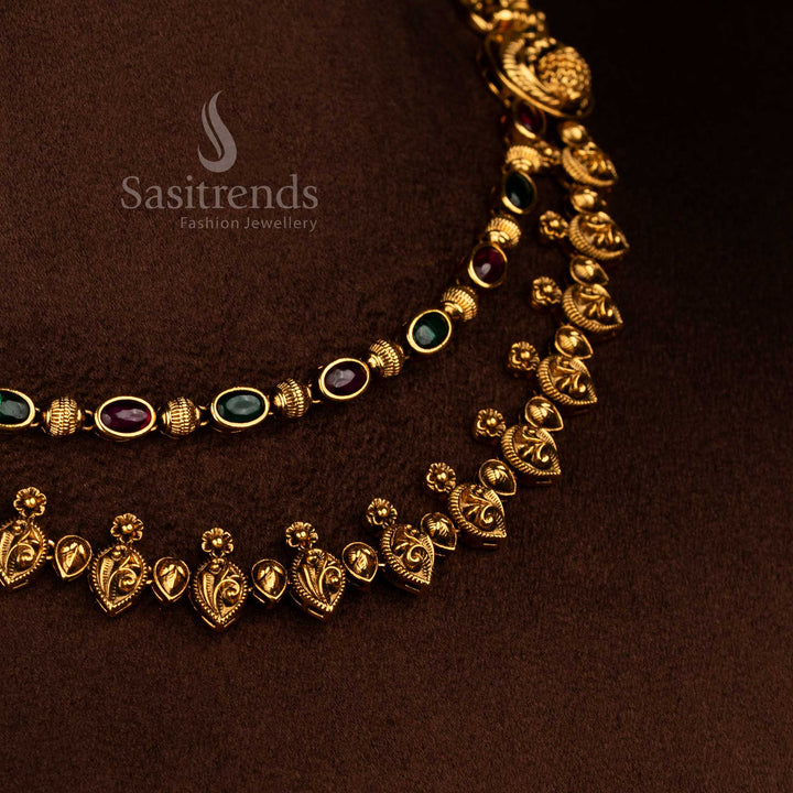 Beautifully Crafted Temple Matte Gold Plated Double Layer Peacock Paisley Motif Ruby Green AD Stone Necklace Jewellery Set | Premium Rich Look Quality - Sasitrends