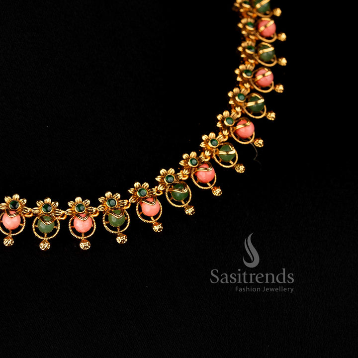 Sasitrends premium temple matte gold plated floral round pearl pink green necklace jewellery set designed with elegant traditional detailing for festive celebrations, poojas, cultural functions and auspicious occasions
