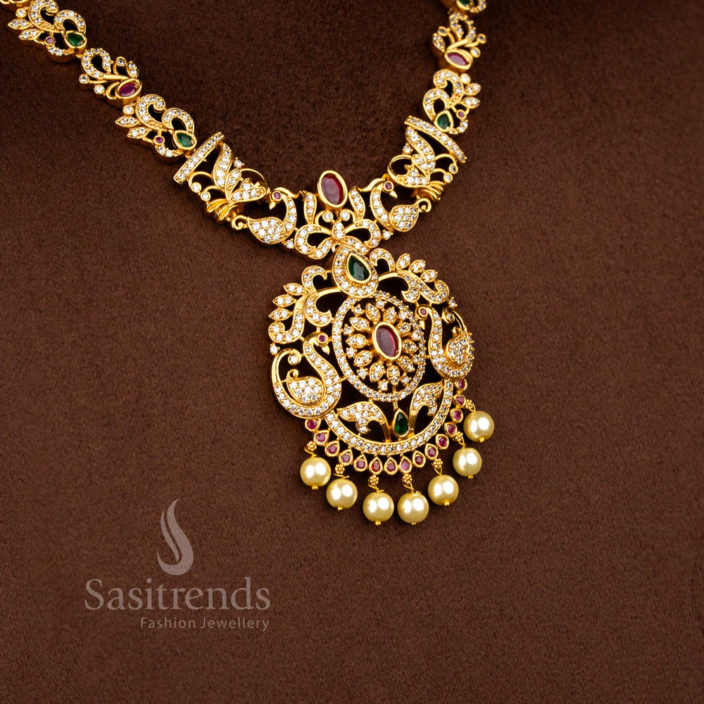 Sasitrends premium temple matte gold plated peacock and floral motifs bridal necklace jewellery set featuring intricate traditional craftsmanship for weddings, receptions and festive celebrations