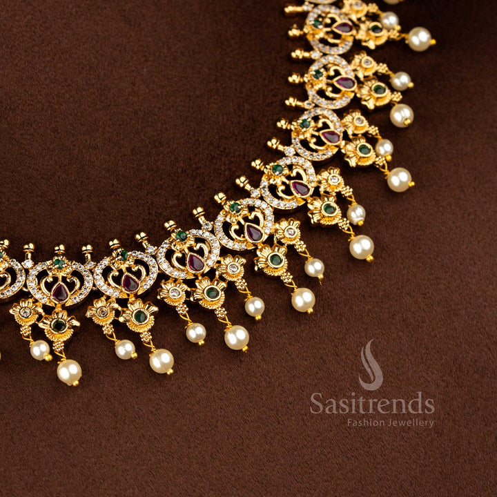 Sasitrends premium temple matte gold plated peacock teardrop floral motif pearl drop multi AD stone short necklace jewellery set crafted with intricate temple detailing for weddings, engagement ceremonies, festive occasions, poojas and cultural celebrations
