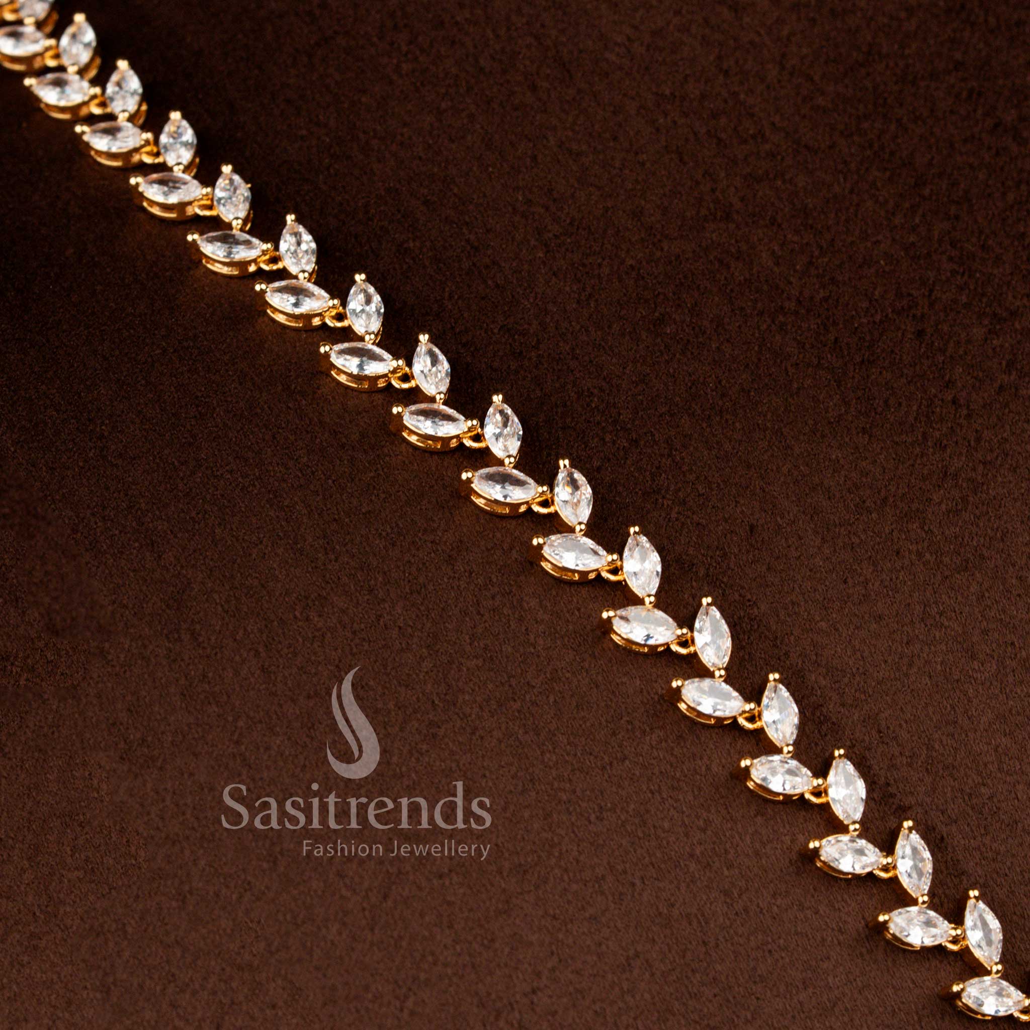 Sasitrends traditional white American Diamond long jewellery set with balanced leaf pattern and rectangular pendant detail 