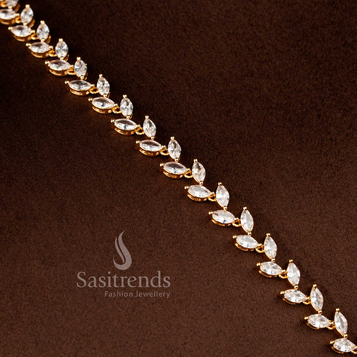 Sasitrends traditional white American Diamond long jewellery set with balanced leaf pattern and rectangular pendant detail 