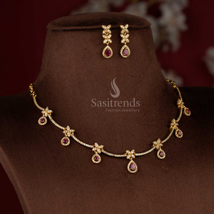 Premium Matte Gold Plated Floral Teardrop Structure American Diamond Stone Studded Necklace Jewellery Set | Bridal Wedding Wear