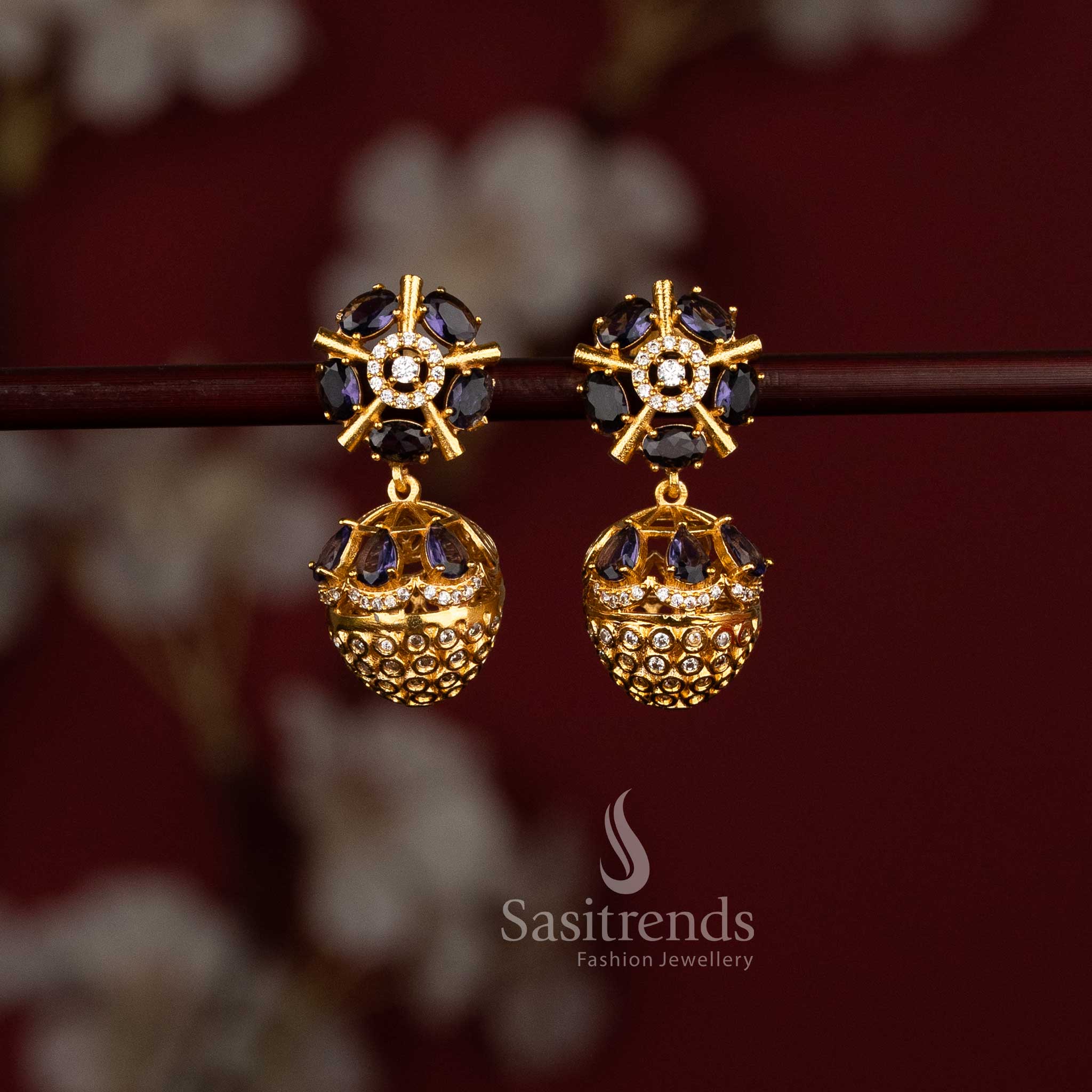 Sasitrends designer purple American Diamond matte gold plated floral stud earrings with dome lattice jhumka drop and detailed AD stone setting