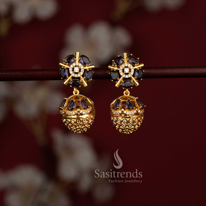 Sasitrends designer purple American Diamond matte gold plated floral stud earrings with dome lattice jhumka drop and detailed AD stone setting
