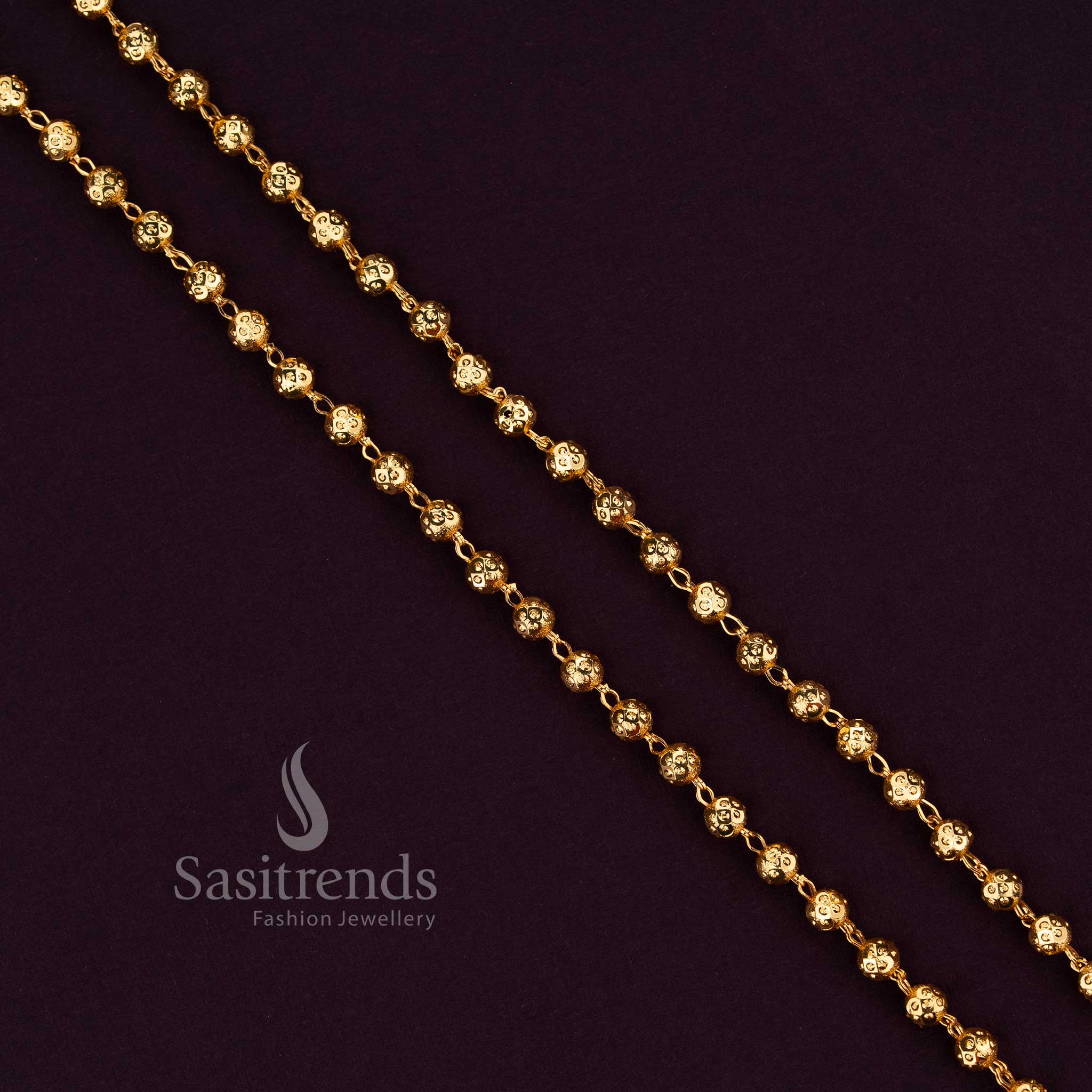 Sasitrends real gold look 1 gram micro gold plated bead ball chain designed with structured textured links for elegant everyday traditional wear