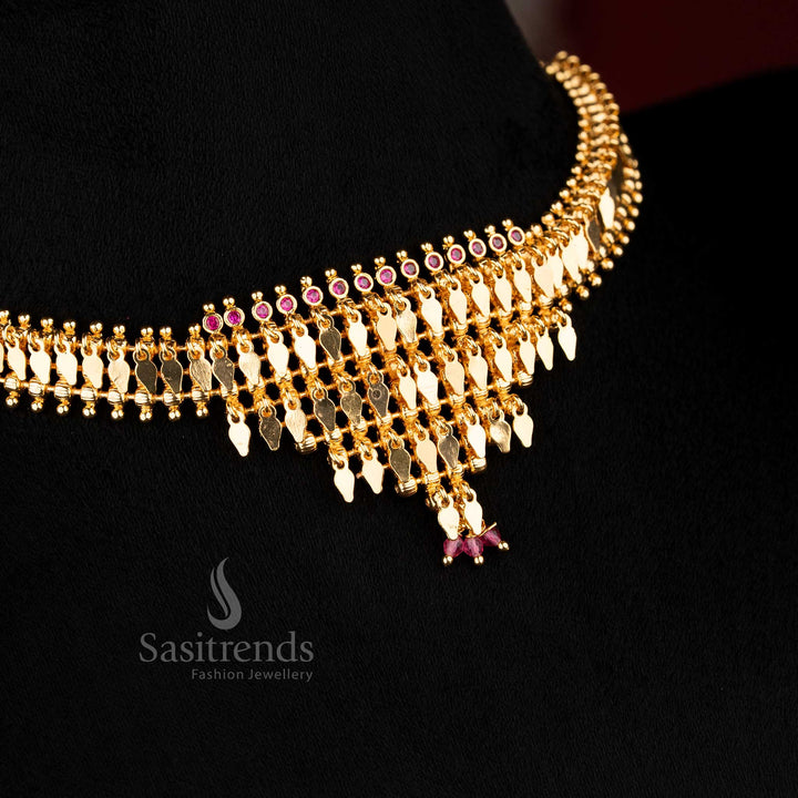 Sasitrends real gold look 1 gram micro gold plated jewellery South Indian Elakka motif necklace with structured hanging elements