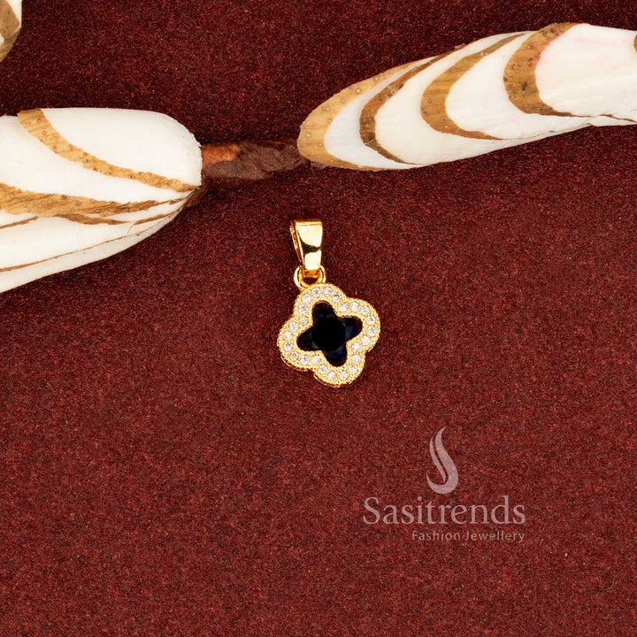 Sasitrends real gold look 1 gram micro gold plated jewellery clover shaped pendant featuring structured blue AD stone outer frame and central stone setting 