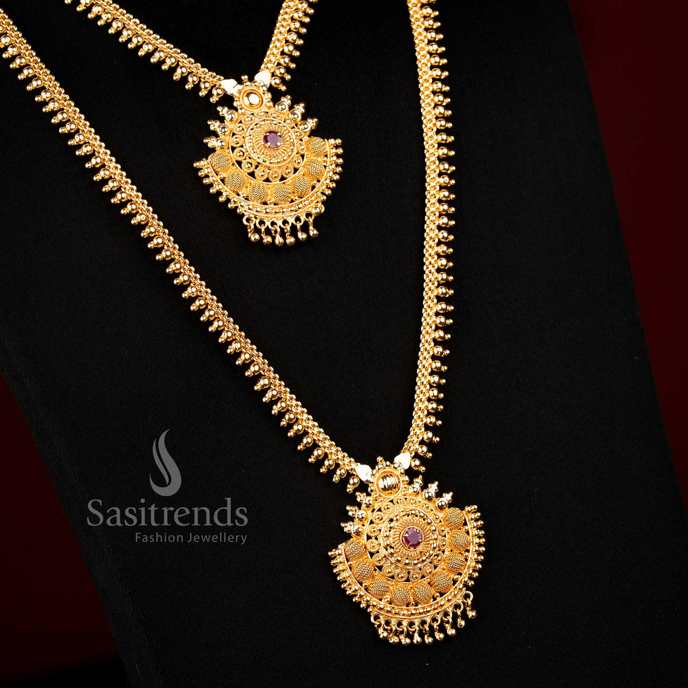 Guaranteed 24K Micro Gold Plated Traditional Long and Short Combo Necklace with Intricate Round Motif Structure | Real Gold Look 1 Gram Jewellery - Sasitrends